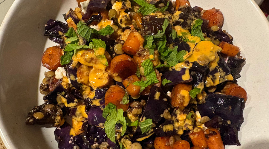 CARAMELISED RED CABBAGE, CARROT, DATE, QUINOA & LENTIL SALAD with SPICY HARISSA TAHINI DRESSING