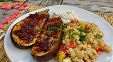 CHORIZO TOPPED AUBERGINE WITH QUINOA