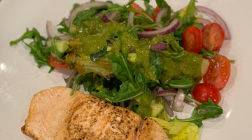 PAN FRIED SALMON WITH CARAMELISED CHICORY, ROCKET AND CELERY LEAF SALAD